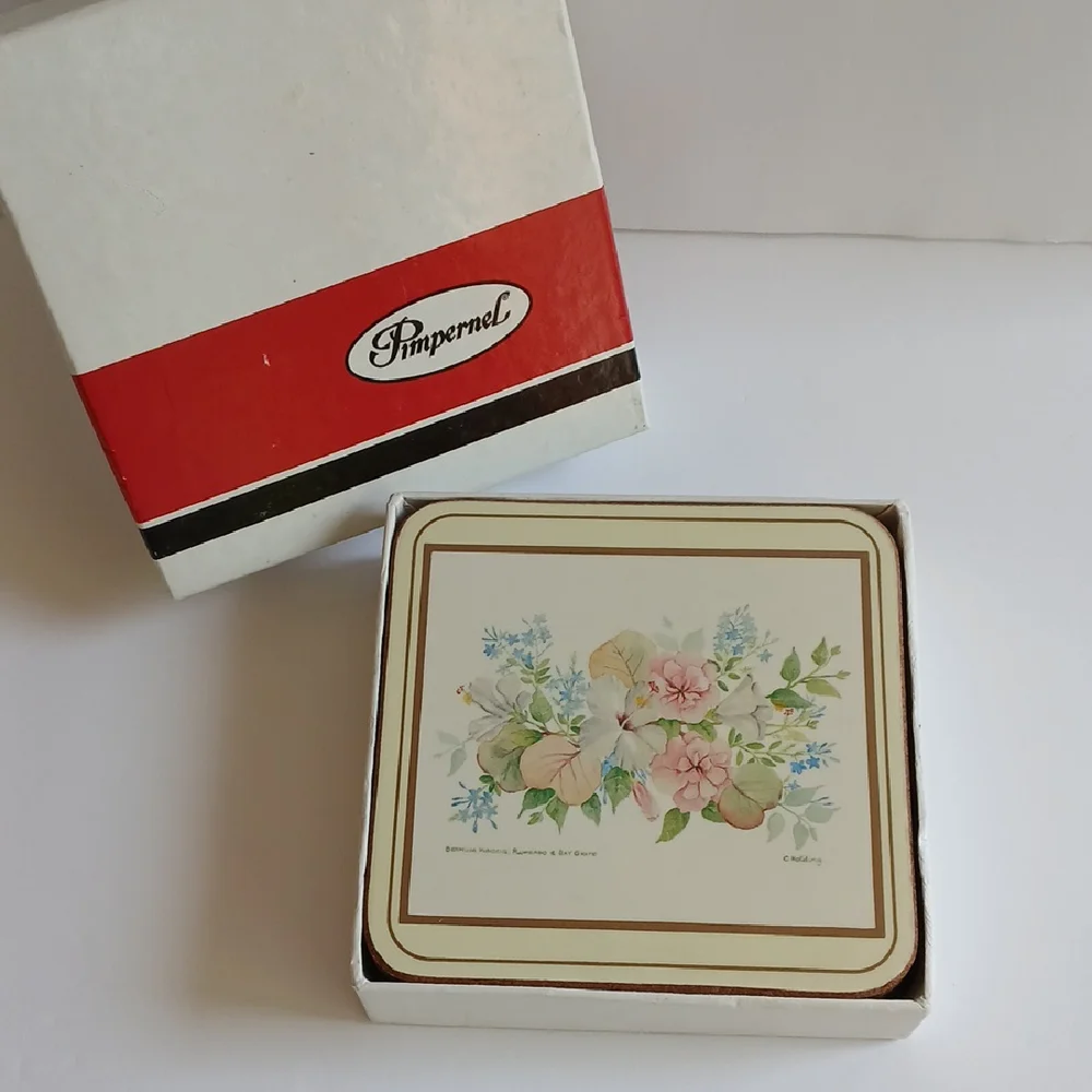 Vintage Pimpernel Bermuda White Hibiscus 6 coasters with box